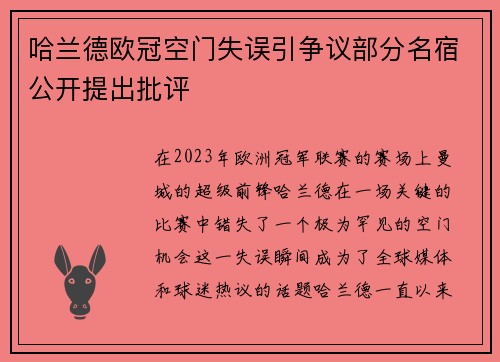 哈兰德欧冠空门失误引争议部分名宿公开提出批评